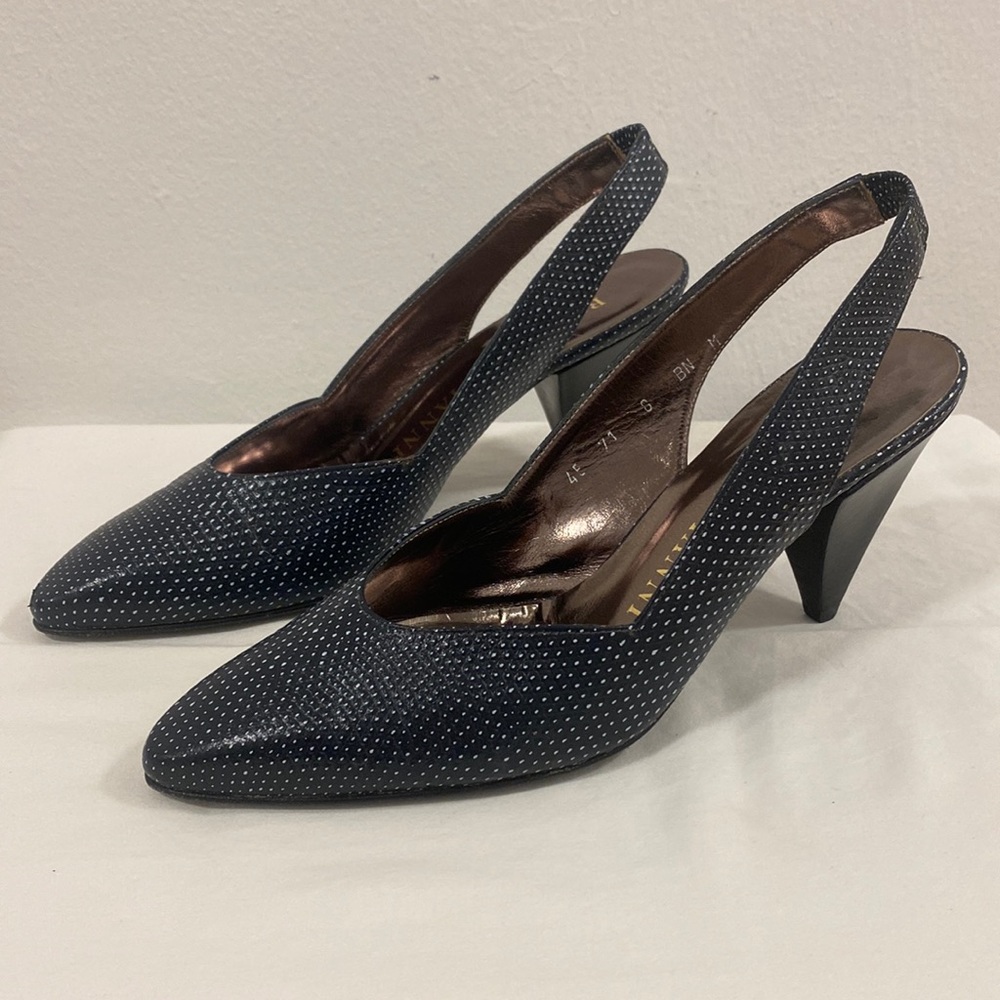 Roberto Vianni leather sling back heels, size 8, navy with white dots